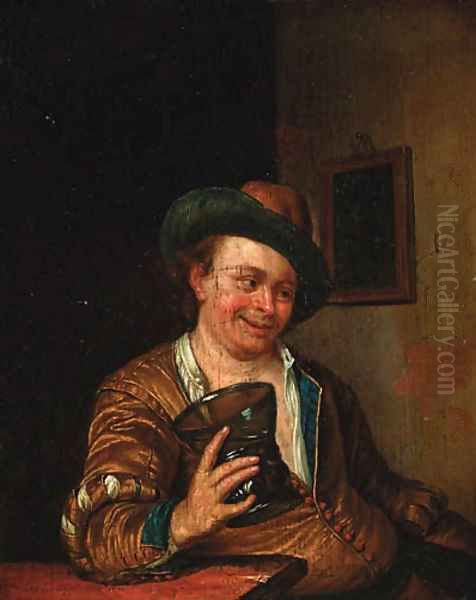 A peasant man holding a large roemer at a table in an interior Oil Painting by Willem Van Mieris Leiden