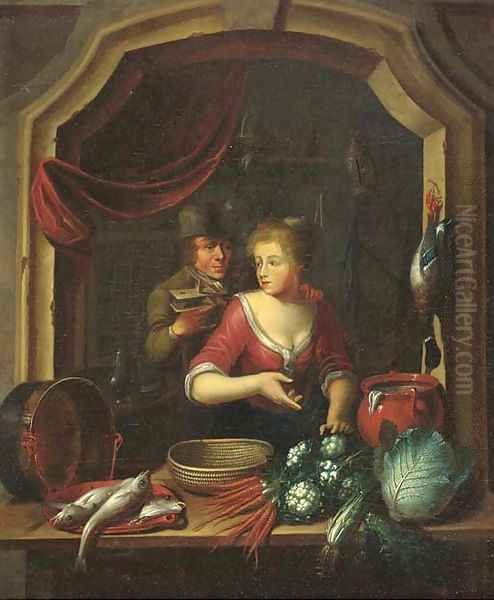 A woman cleaning vegetables and fish by a window, a man holding a birdcage nearby Oil Painting by Willem Van Mieris Leiden