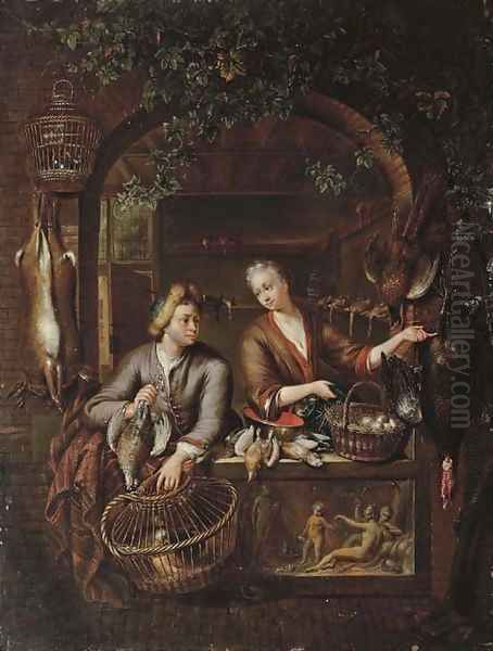 Poultry sellers in a arched window above a carved relief Oil Painting by Willem Van Mieris Leiden