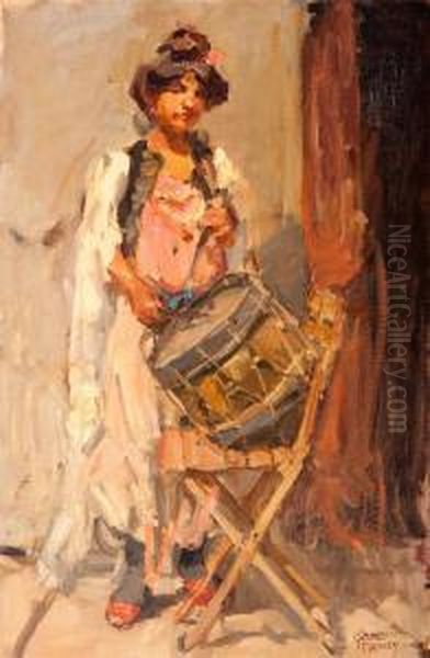 Girl With A Drum Oil Painting by Isaac Lazarus Israels