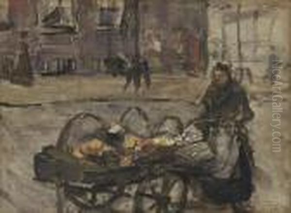 A Street Vendor Oil Painting by Isaac Lazarus Israels