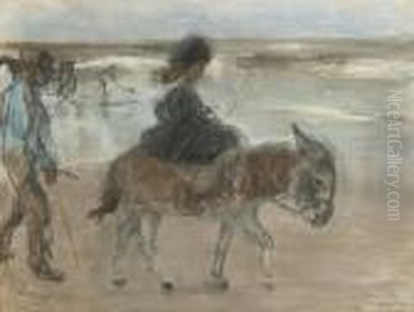 A Donkey Ride On The Beach Oil Painting by Isaac Lazarus Israels