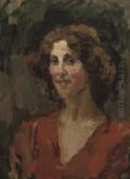 Sophie De Vries Wearing A Red Dress Oil Painting by Isaac Lazarus Israels