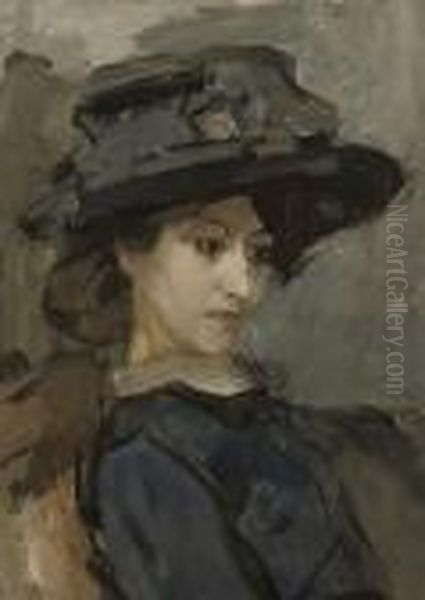 Jonge Vrouw Met Hoed: A Lady Wearing A Black Hat Oil Painting by Isaac Lazarus Israels