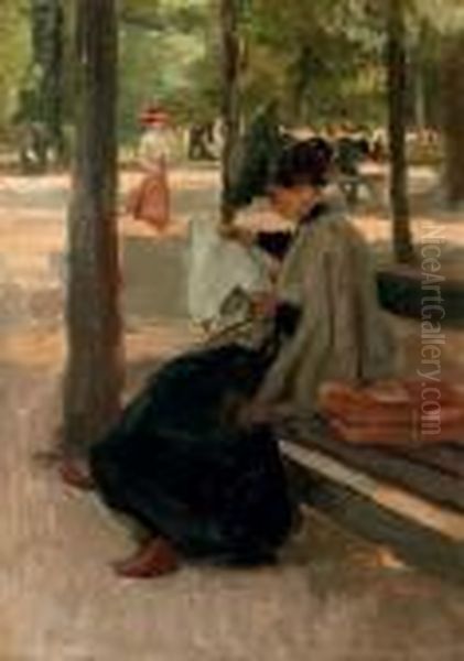 Reading In The Bois De Boulogne, Paris Oil Painting by Isaac Lazarus Israels
