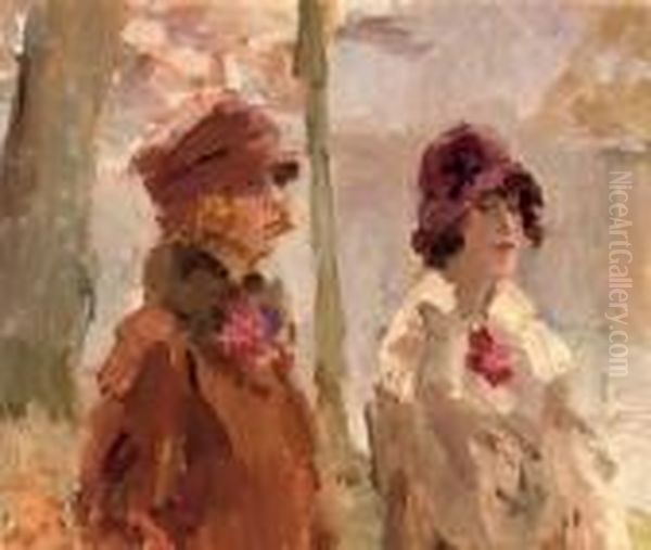 Meisjes In Het Haagsche Bosch: Elegant Ladies Strolling In The Park Oil Painting by Isaac Lazarus Israels