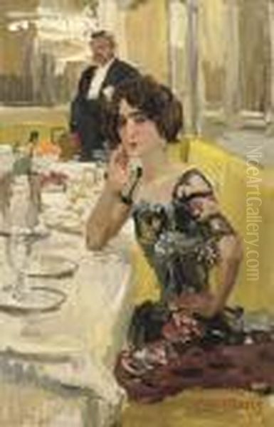 A Table Au Restaurant Le Perroquet, Paris Oil Painting by Isaac Lazarus Israels