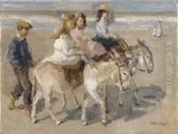 Ezeltje Rijden: A Donkey-ride On The Beach Oil Painting by Isaac Lazarus Israels