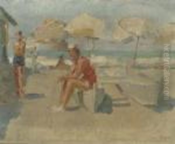 Lidostrand Met Parasols En Bootjes: At The Beach Of The Lido,venice Oil Painting by Isaac Lazarus Israels