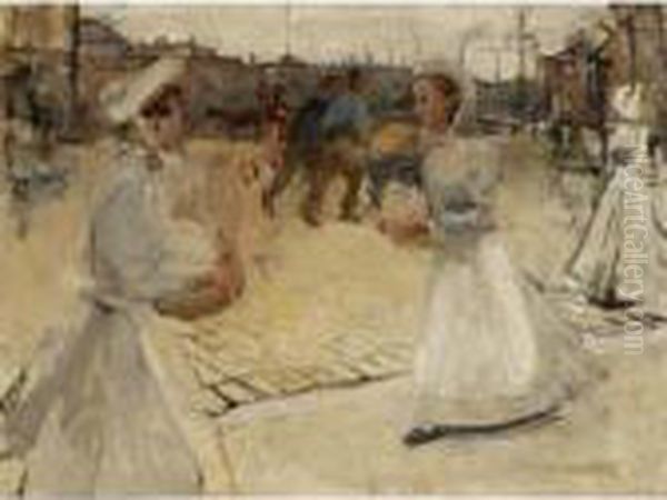 'meisjes Op De Munt' (servant Girls On The Muntplein, Amsterdam) Oil Painting by Isaac Lazarus Israels