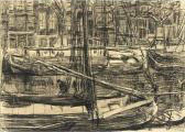 Ships In An Amsterdam Canal Oil Painting by Isaac Lazarus Israels