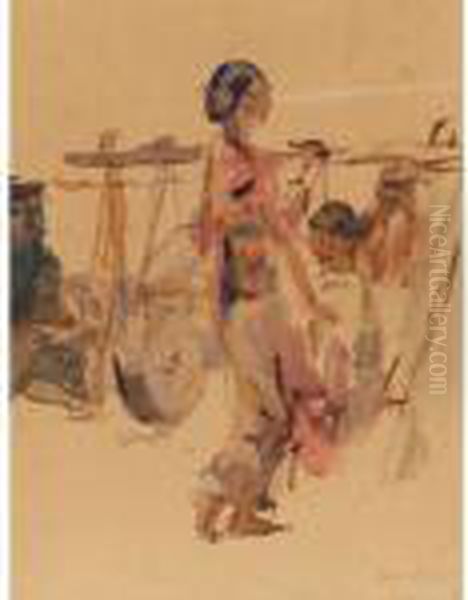 Woman Carrying Water Basket Oil Painting by Isaac Lazarus Israels
