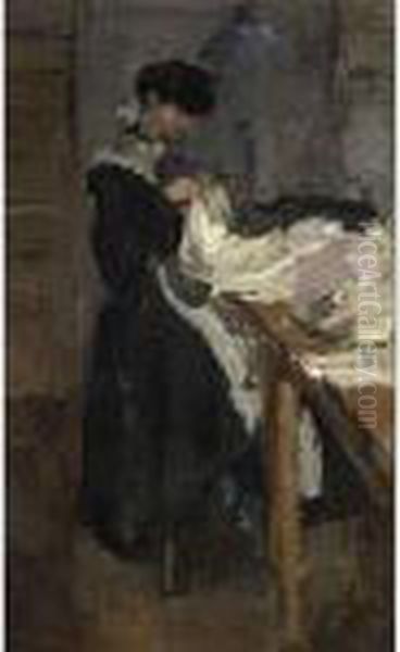 A Sewing Girl At Studio Paquin, Paris Oil Painting by Isaac Lazarus Israels