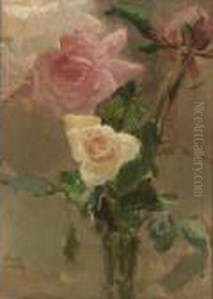 A Flower Still Life With A Pink And Yellow Rose Oil Painting by Isaac Lazarus Israels