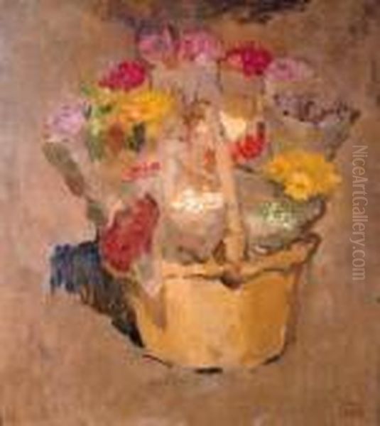 Flowers In A Wicker Basket Oil Painting by Isaac Lazarus Israels
