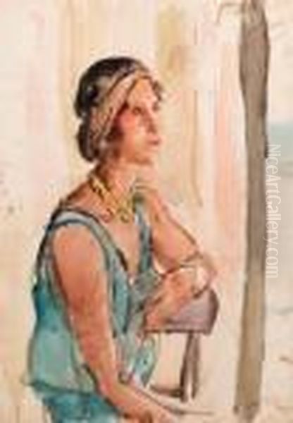 A Lady Wearing A Blue Summer Dress (recto And Verso) Oil Painting by Isaac Lazarus Israels