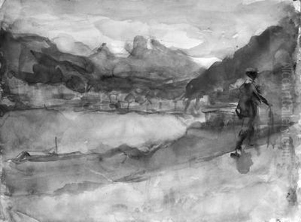 An Alpine Stroll By A Mountain Lake Near Bern, Switzerland Oil Painting by Isaac Lazarus Israels