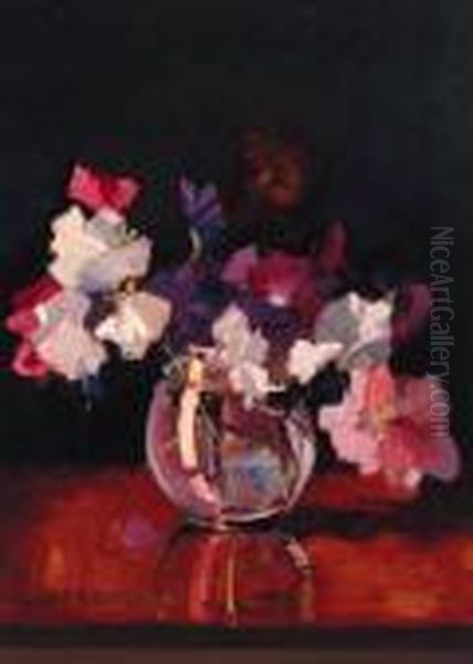 Sweet-peas In A Rotund Glass Vase Oil Painting by Isaac Lazarus Israels