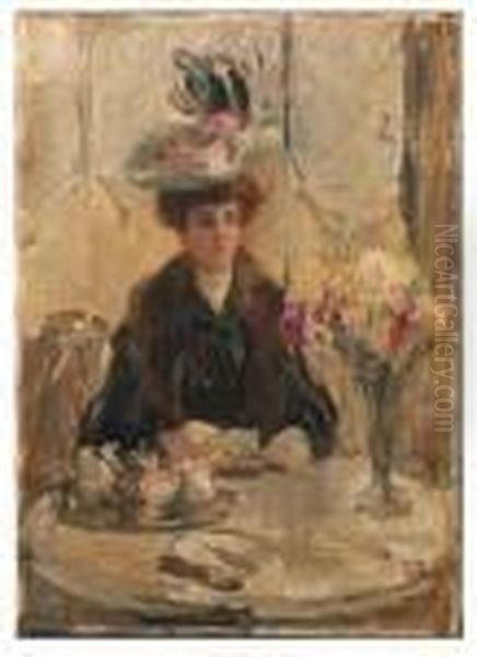 Het Dure Hoedje: An Elegant Lady Having A Cup Of Tea Oil Painting by Isaac Lazarus Israels