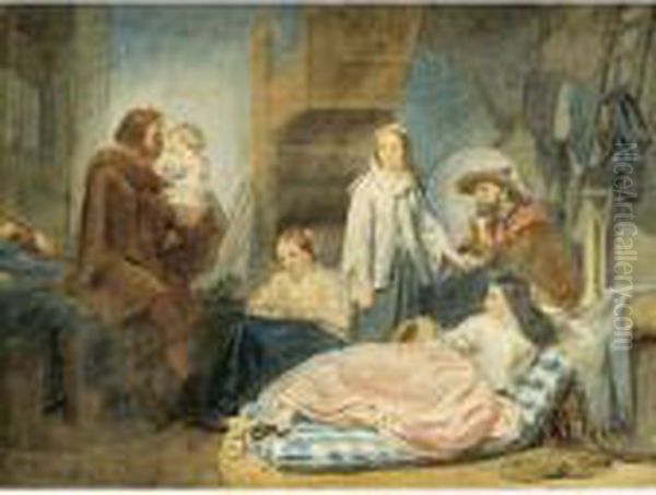 Interieurszene Mit 
Siebenkopfiger Familie, Der Vater,sich Von Seinem Weinenden Kind 
Verabschiedend Oil Painting by Jozef Israels