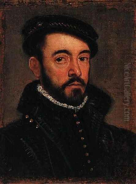 Portrait of a gentleman, bust-length, in a black cap and doublet Oil Painting by Giovanni Battista Moroni