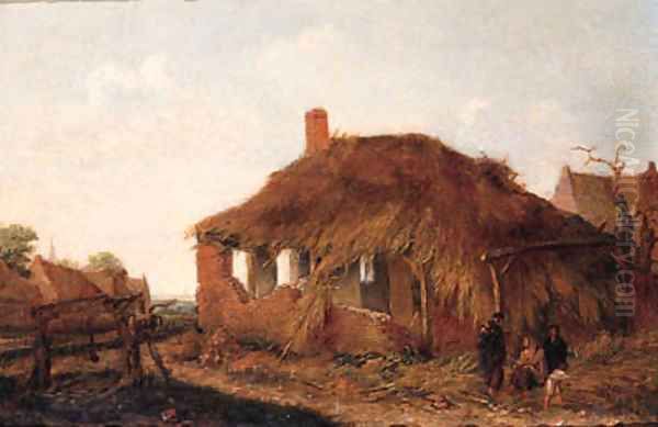 A gypsy woman with travellers by a ruined barn in a landscape Oil Painting by Emmanuel Murant