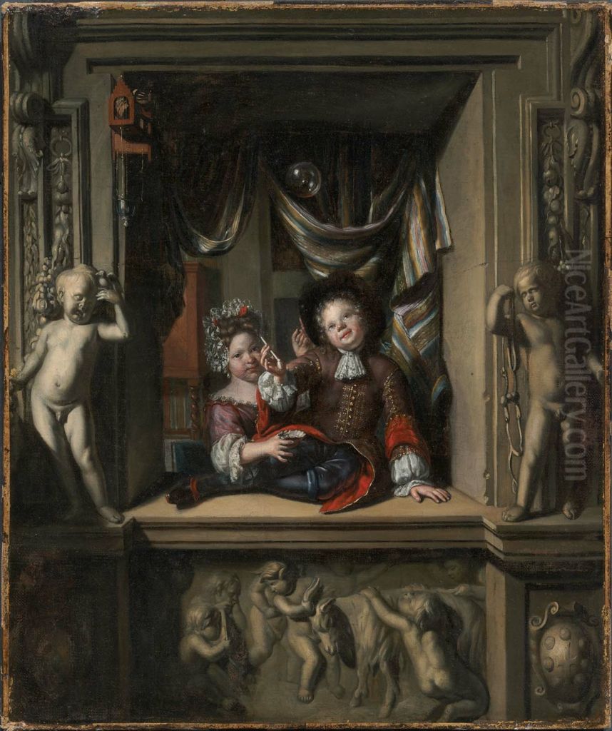 Boy and Girl Blowing Soap Bubbles Oil Painting by Matthijs Naiveu