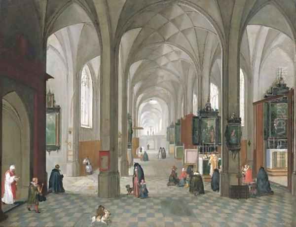 An interior of a catholic church with a priest celebrating mass Oil Painting by Peeter, the Elder Neeffs