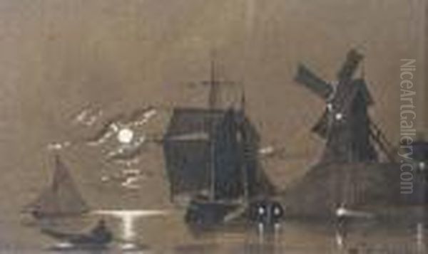 Sailing On Moonlite Waters Oil Painting by Antonio Nicolo Gasparo Jacobsen