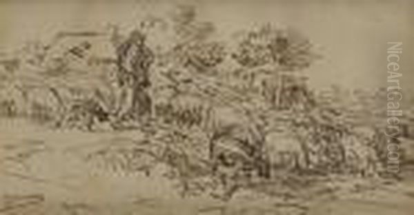 Berger Et Troupeau Oil Painting by Charles Emile Jacque