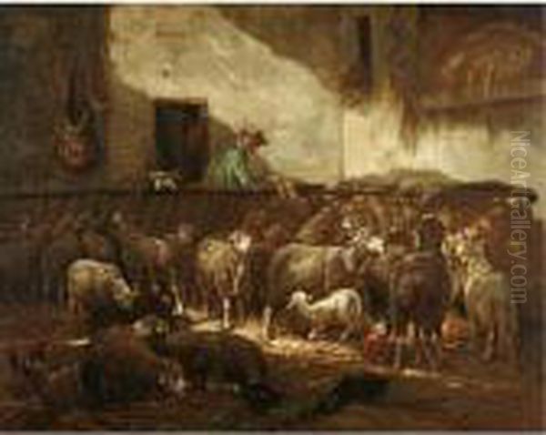 Un Troupeau De Mouton Dans Une Grange Oil Painting by Charles Emile Jacque