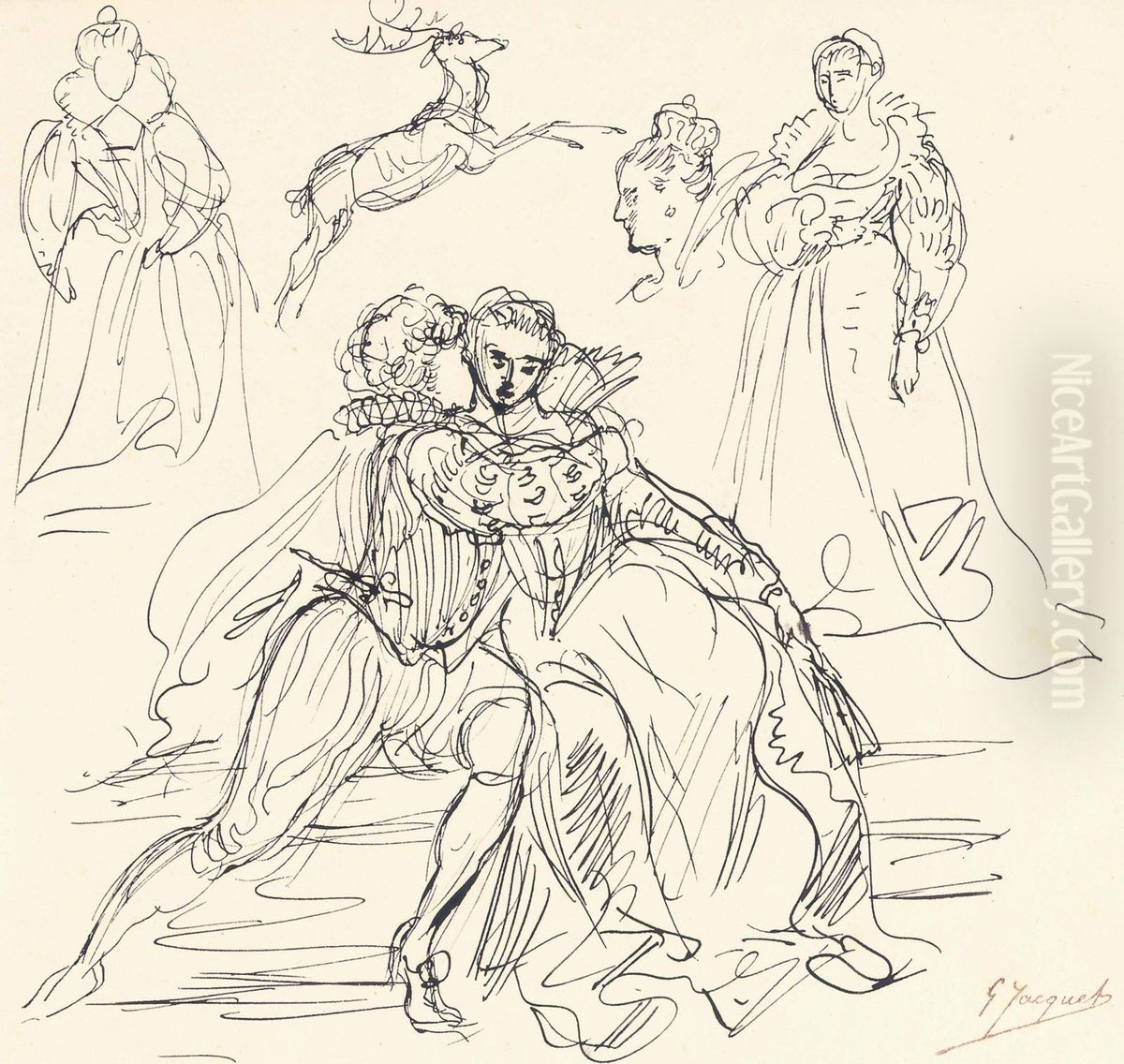 Collection Of Studies Of Figures In Historical Dress Oil Painting by Jacquet Gustave