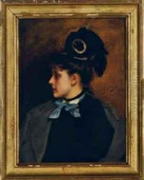 Portrait Of A Beauty With A Blue Ribbon Oil Painting by Jacquet Gustave