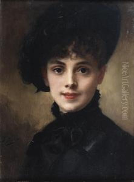 Portrait De Femme Au Chapeau Noir Oil Painting by Jacquet Gustave