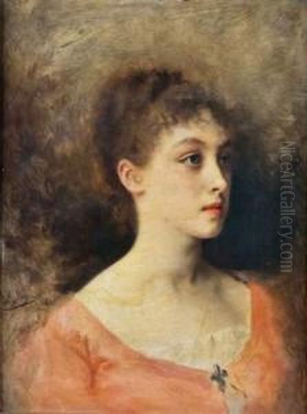 Portrait De Femme A La Robe Rouge Oil Painting by Jacquet Gustave