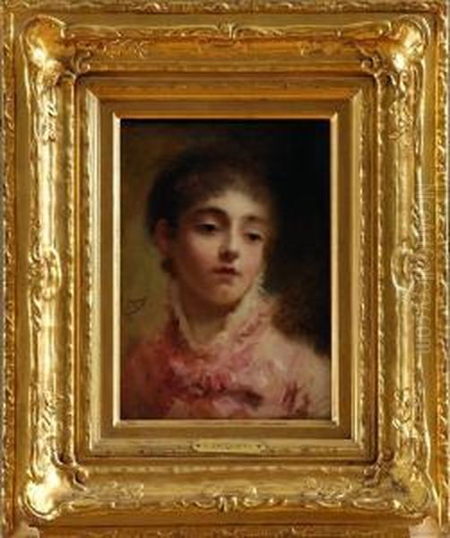 Young Woman In A Pink Dress Oil Painting by Jacquet Gustave