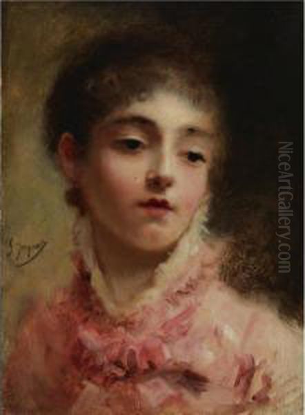 Young Woman In A Pink Dress Oil Painting by Jacquet Gustave
