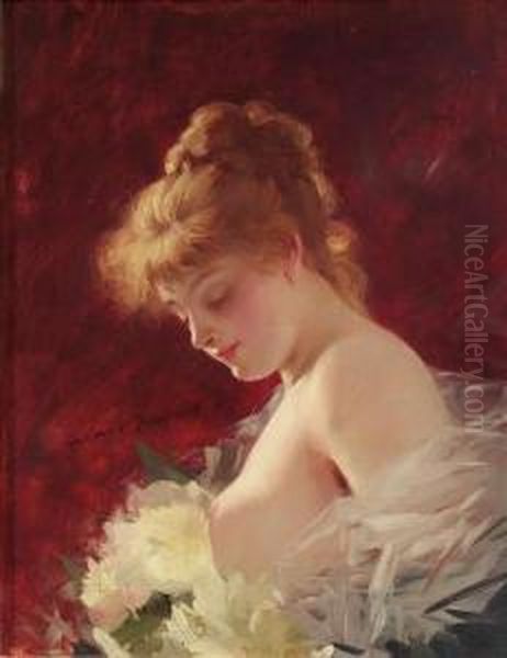 Portrait Of A Young Lady With Bare Upper Body. Oil/panel, Inscribed Oil Painting by Jacquet Gustave