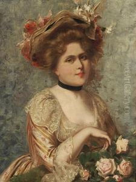Flower Girl Oil Painting by Jacquet Gustave