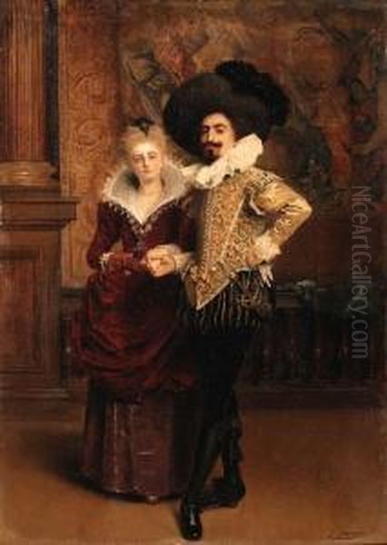 An Elegant Couple Oil Painting by Jacquet Gustave