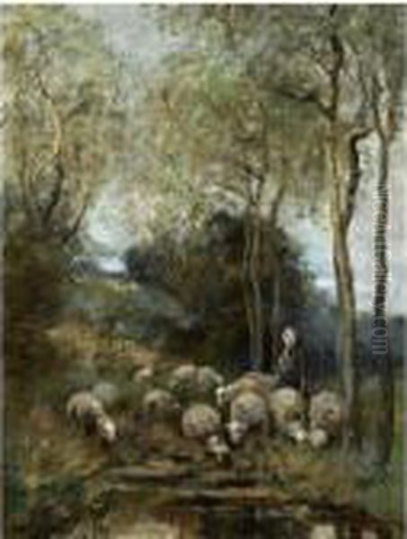 A Sheperdess With Her Flock In The Dunes Oil Painting by Willem George Fred. Jansen