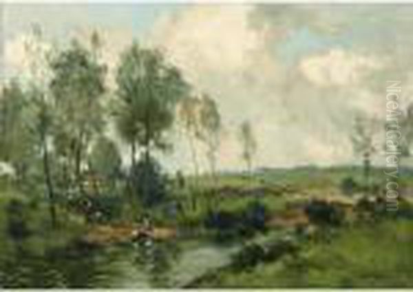 Washer Women On The Waterfront Oil Painting by Willem George Fred. Jansen