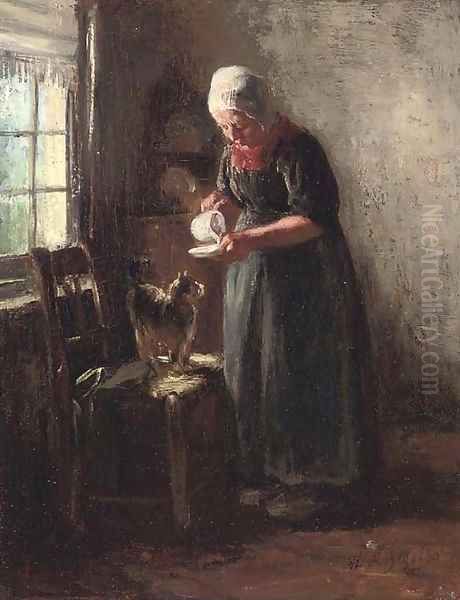 A saucer of milk Oil Painting by Albert Neuhuys