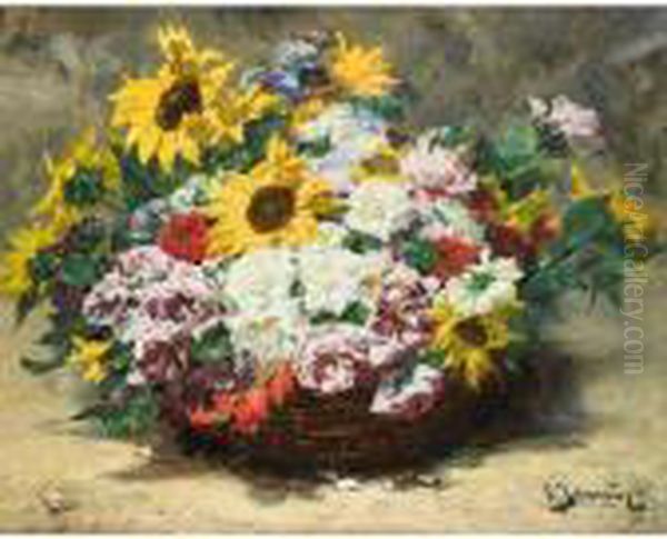 Panier De Roses Et Tournesols [ ;
 Basket Of Roses And Sunflowers ; Oil On Canvas Signed Lower Right] Oil Painting by Georges Jeannin