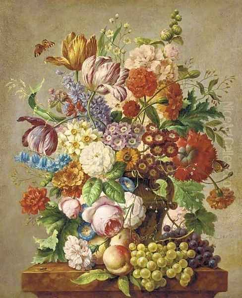 Assorted summer flowers in a vase on a stone ledge Oil Painting by Josef Nigg