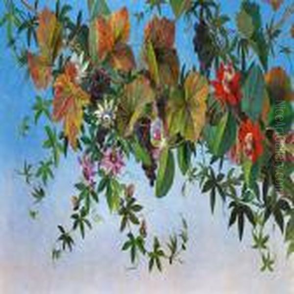 Vine, 
Grapes And Passionflower Oil Painting by I.L. Jensen