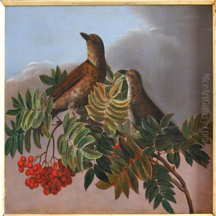 Two Birds On A Rowanberry Twig Oil Painting by I.L. Jensen