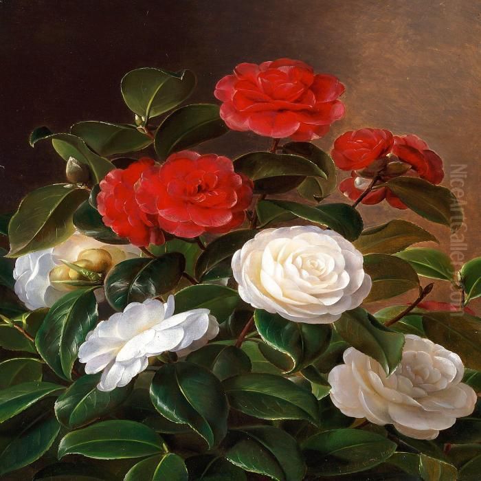 Red And White Camellia Oil Painting by I.L. Jensen