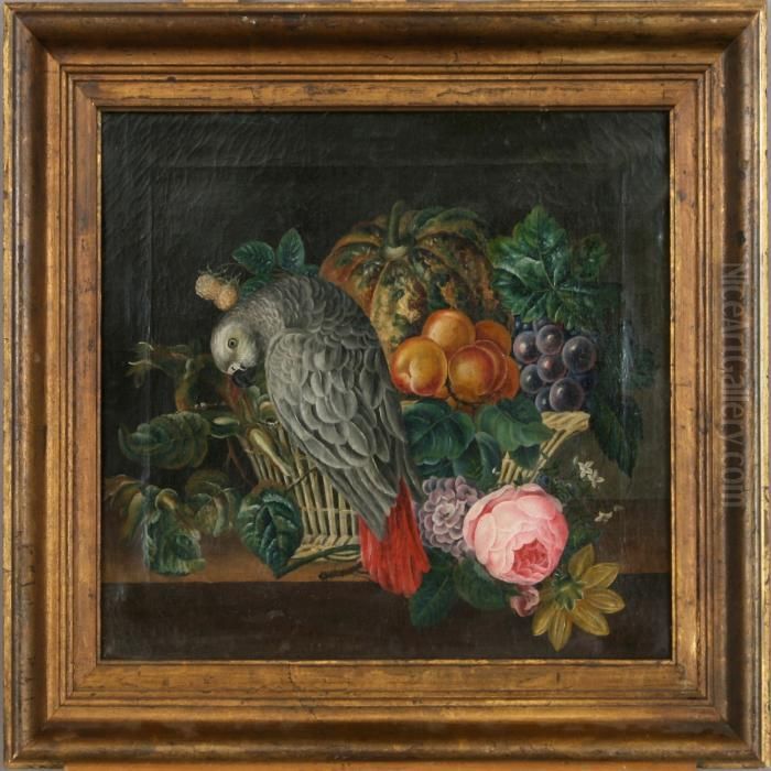 Still Life With Flowers, Fruits And Parrot Oil Painting by I.L. Jensen