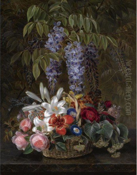 Blaregn Med Roser, Liljer Og 
Sommer Blomster I En Kurv (wisteriawith Roses, Lilies And Summer Flowers
 In A Basket) Oil Painting by Johan Laurentz Jensen